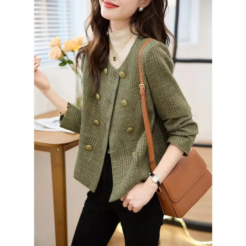 Women's Autumn Winter Fashion Elegant Solid Color Round Neck Button Korean Style Temperament Long Sleeved Slim Fit Short Jacket