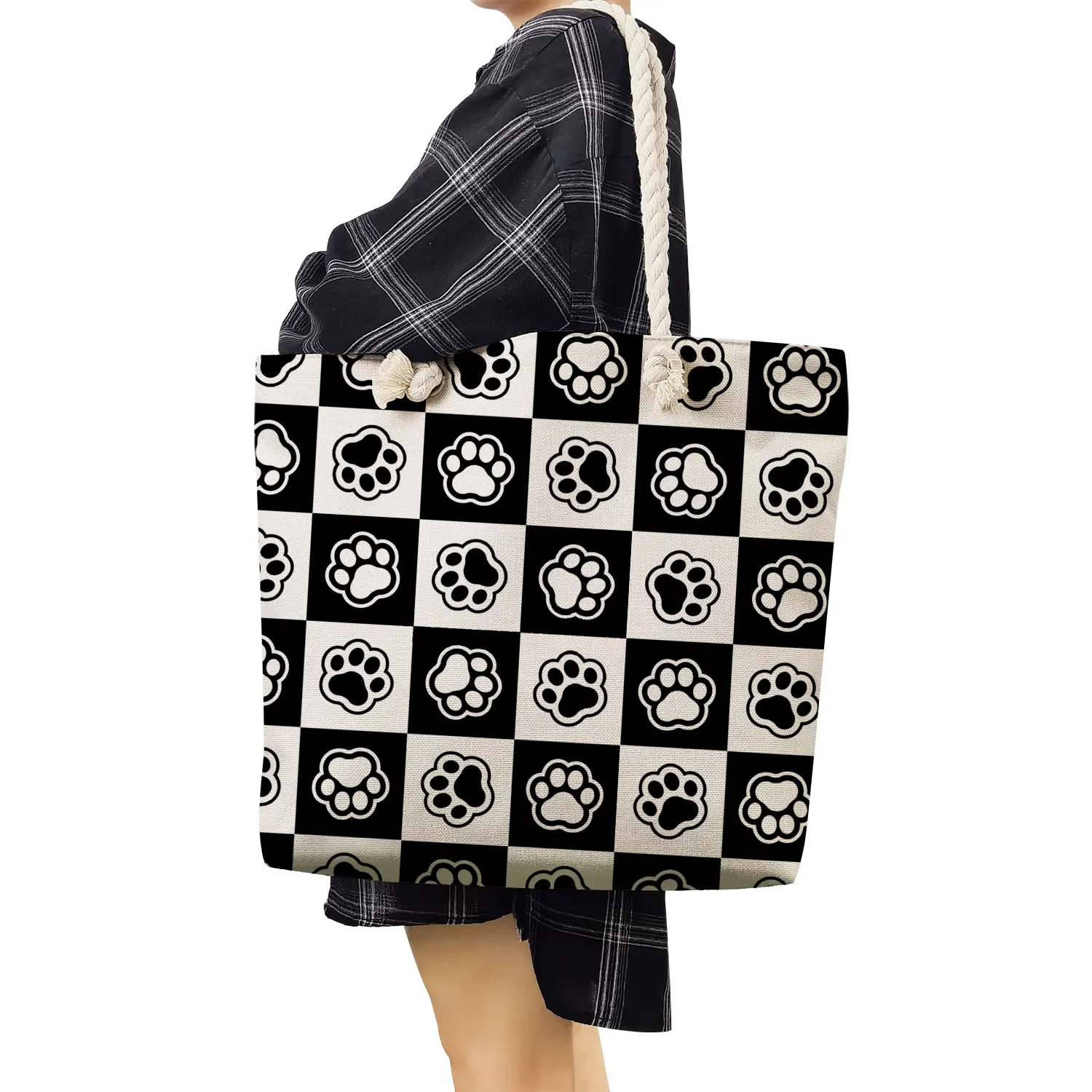 Dog Paw Printed Handbags For Women High Capacity Thick Rope With Casual Traveling Shoulder Bags Polyester Linen The Tote Bags