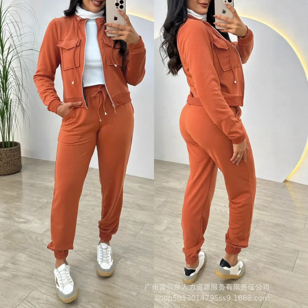 

Women Solid Color Casual Hooded Pocket Zipper Jacket + Elastic Waist Drawstring Jogger Pants Set