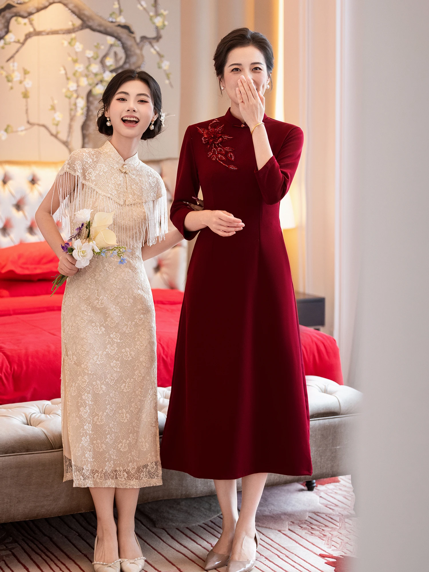 

Red Wedding Dr Floral A-Line Skirt Long Sve Warm Polyester Fiber Materni Women's Traditional Chinese Costume