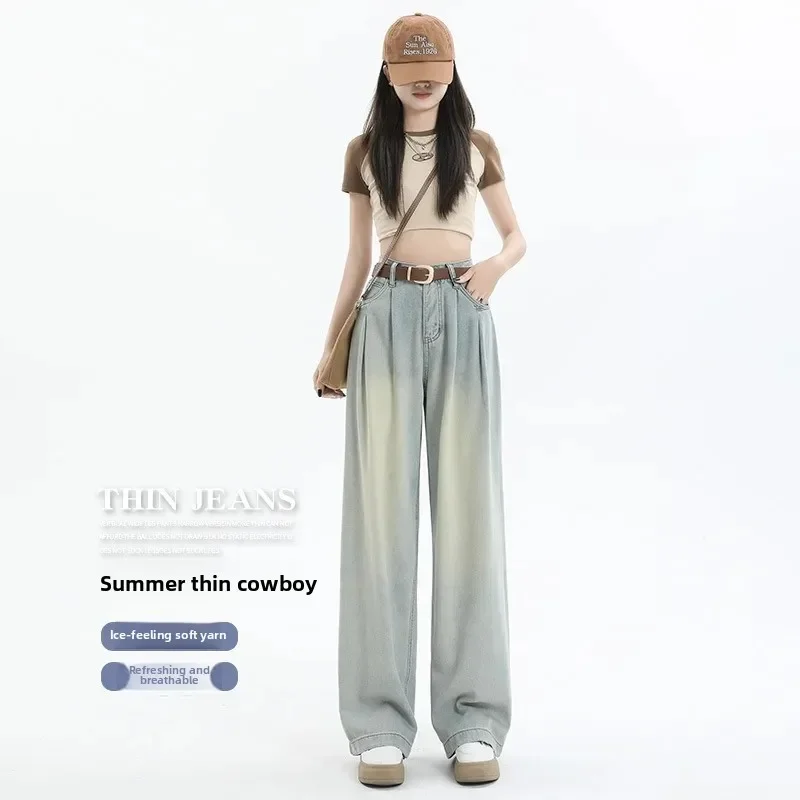 2025 Hoge Taille Wijde Pijpen Jeans Vrouwen Losse Rechte Broek Zomer Nieuwe Stijl Voor Peervormige Body Kleine Maat Rechte Buis Pan