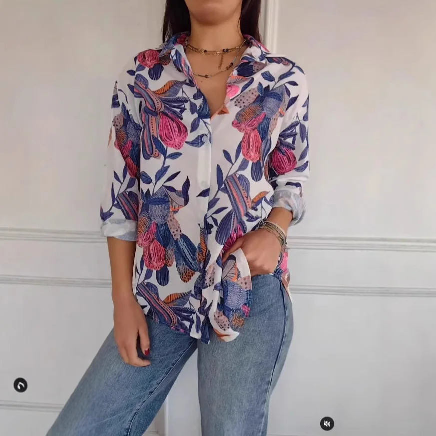 

Women Floral Printed Shirt 2025 Spring/summer Fashion Casual Loose Blouses Single Breasted Lapel Quarter Sleeve Personality Tops