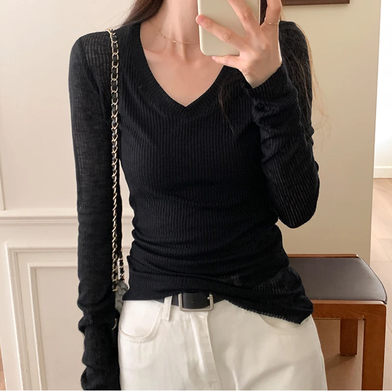 2023 Spring Autumn Basic Thin T Shirt for Women Korean Style Tops Long Sleeve V Neck Tshirts Female Sexy Slim Tee Shirt Femme