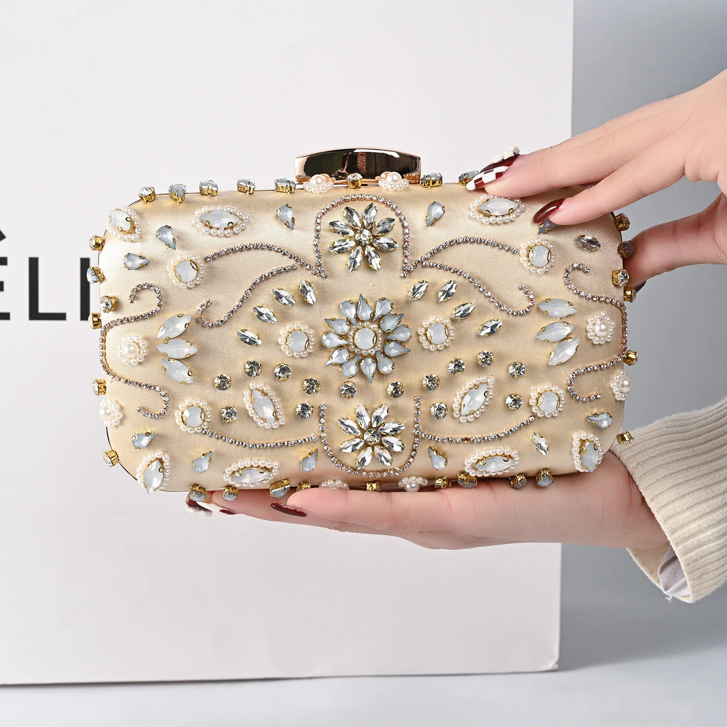 

Luxury Rhinestone Women Shoulder Clutch Bag Evening Bags with Diamond Pearls Beads Messenger Handbag Phone Bag for Party