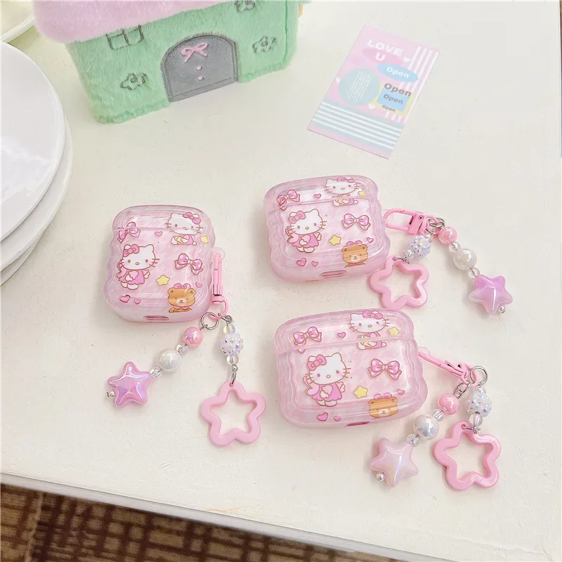 Sanrio Angel Hello Kitty Houndstooth Pattern Earphone Case for Airpods 1 2 3 Pro 2 with Pendant Cute Girly Soft Silicone Cover