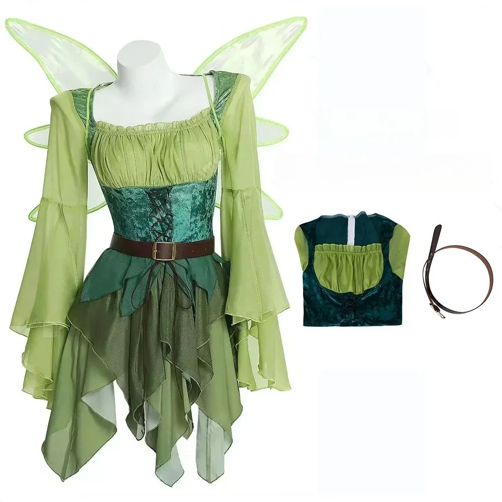 Disfraces de elfo medieval verde para mujer, vestidos con cinturón, elfos mágicos, fiesta de Carnaval de Halloween, disfraz de hada