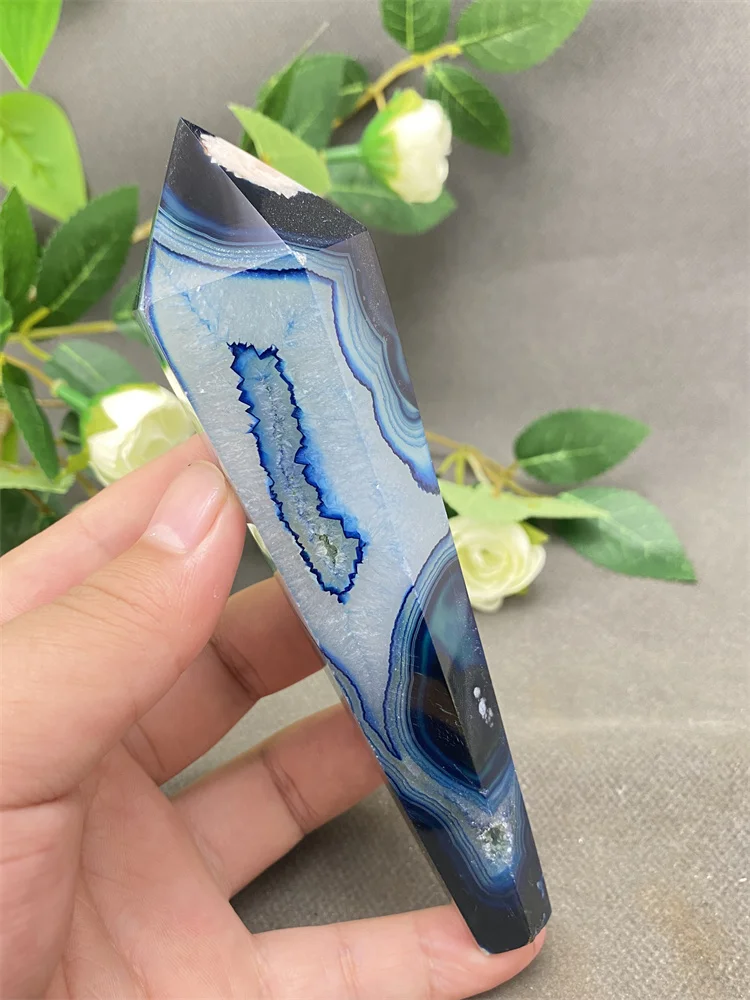 Natural Blue Agate Single Point Hexagonal Prism Crystal Tower Gemstone Mineral Crystal Rod Home Decoration Gift