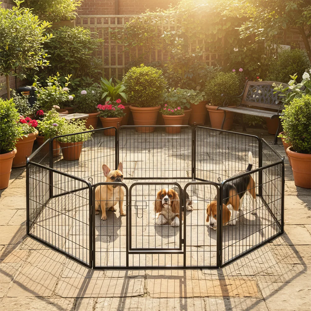 

8 Panel Dog Fence Foldable Heavy Duty Metal Pet Playpen, Lockable Double Door, Indoor Outdoor Exercise Space for Animals