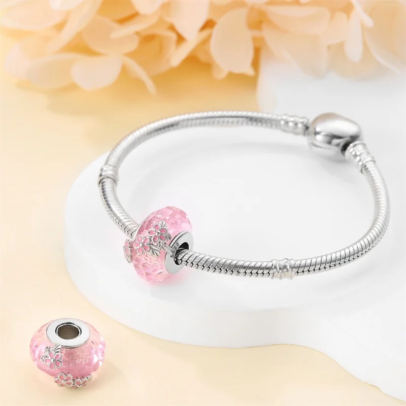 Original 925 Sterling Silver Flower Glass Beads Pink Charm Beads Suitable for DIY Bracelets, Necklaces, Birthday Jewelry Gifts