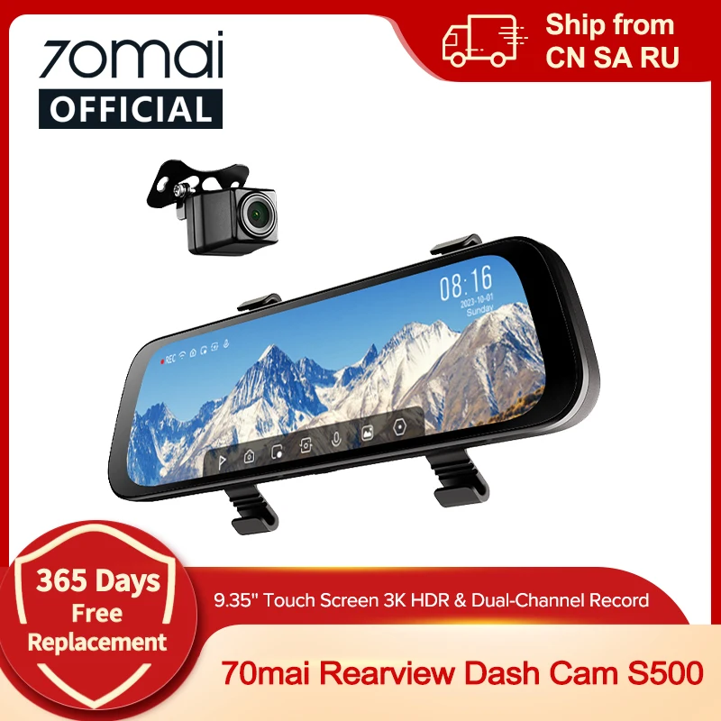 70mai Rearview Dash Cam S500 9.35'' Touch Screen 70mai S500 Car DVR 3K Super Capacitor Dual-Channel HDR Voice Control 24H Park