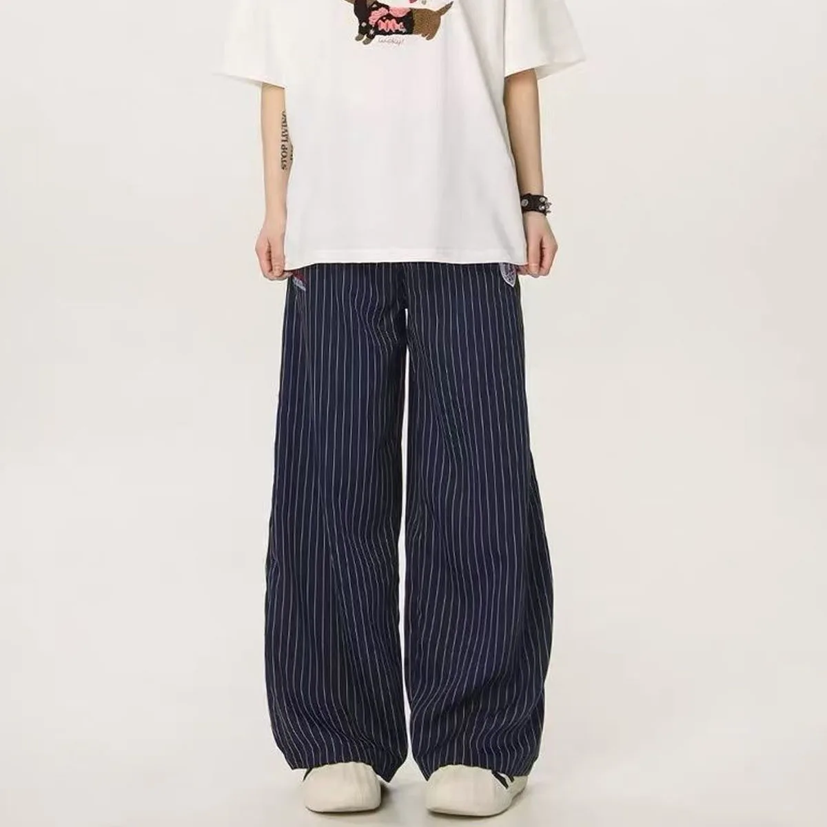 Pantalon Cargo gothique à rayures bleues pour femmes, Baggy Harajuku Y2k Emo Vintage surdimensionné décontracté, jambes larges, vêtements japonais des années 2000