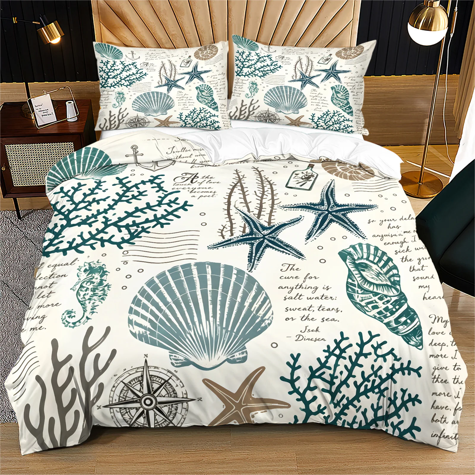 Nautical Ocean Duvet Cover Set Vintage Starfish Shell Coral Seahorse Compass Print Bedding Set Polyester Quilt Cover Home Decor