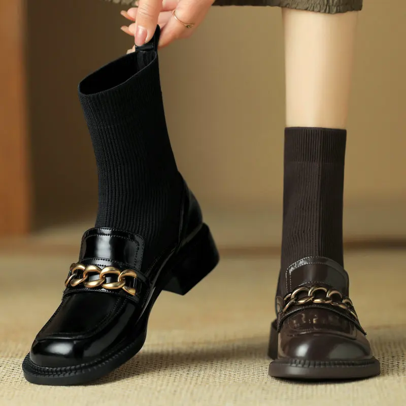 

Splicing Knitting Women Genuine Leather Short Boots Round Toe Low Heels Office Lady Working Autumn Winter Shoes Woman