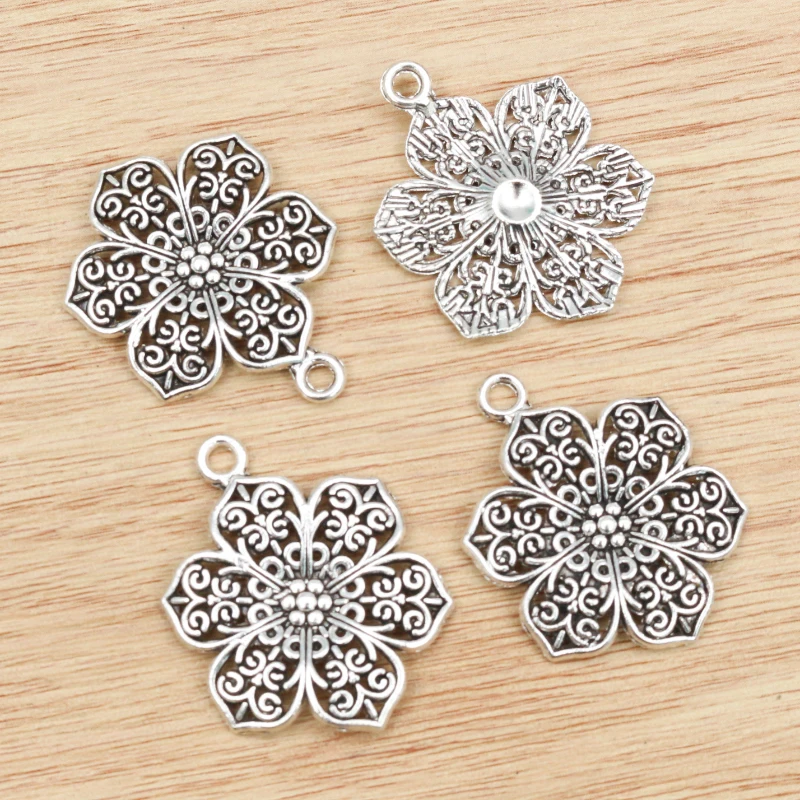 10pcs 32x24mm Antique Silver Plated and Bronze Plated Flower Style Handmade Charms Pendant:DIY for bracelet necklace