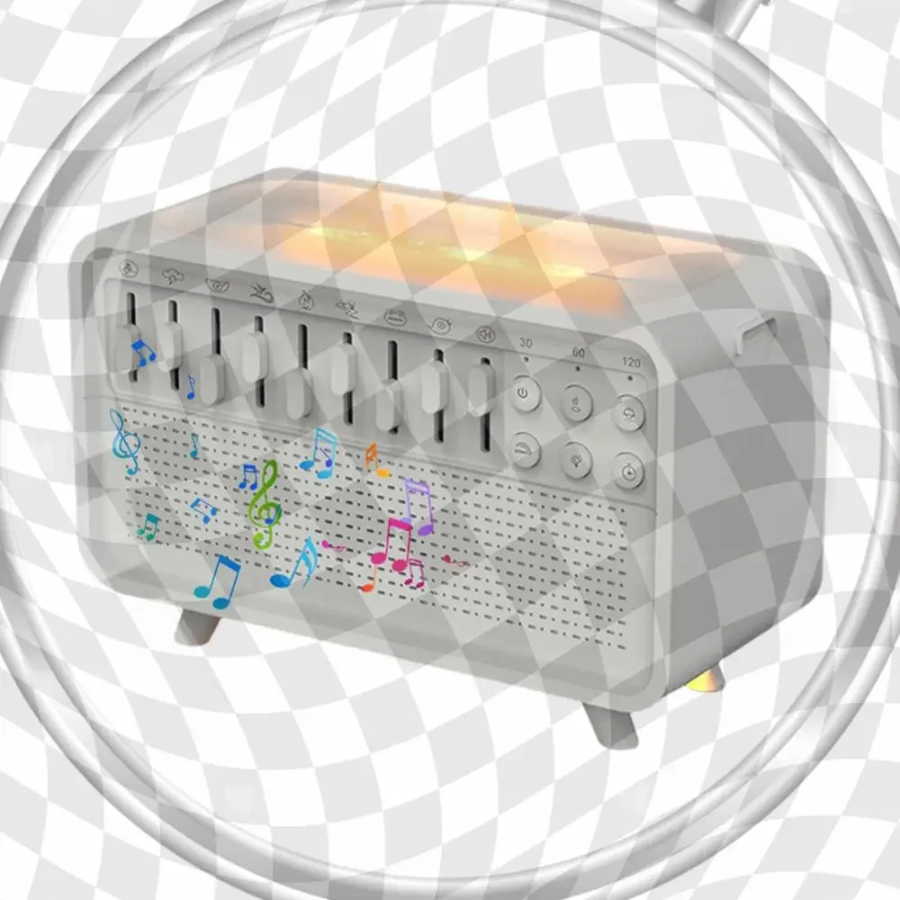 

Звуковая машина с белым шумом, диффузор воздуха с пламенем, увлажнитель с 8 звуками природы, динамик BT, ночник для младенцев, детей и взрослых