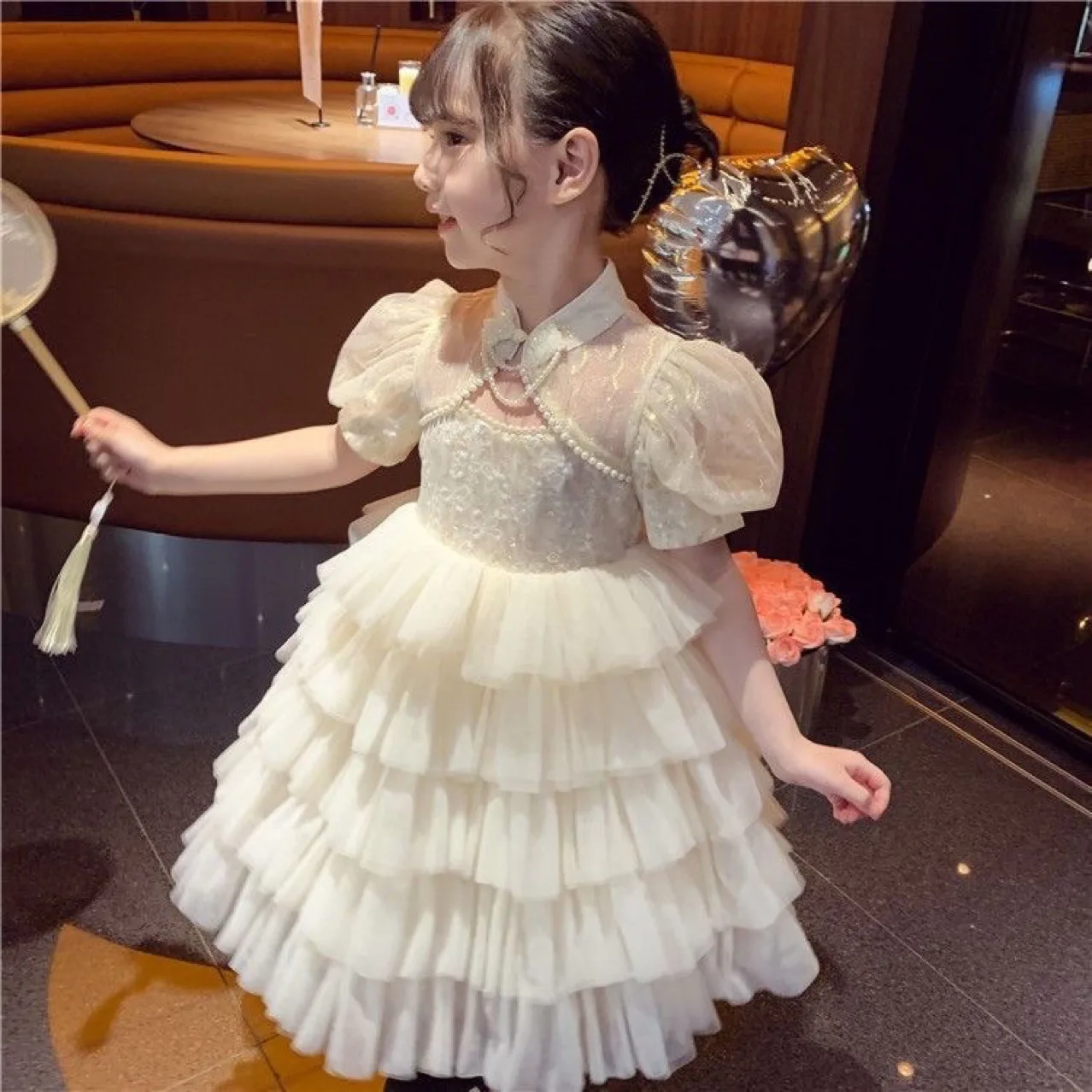 

Chinese Girl's Qipao Summer 2025 New Western Style Children's Bubble Sleeves Mesh Princess Dress