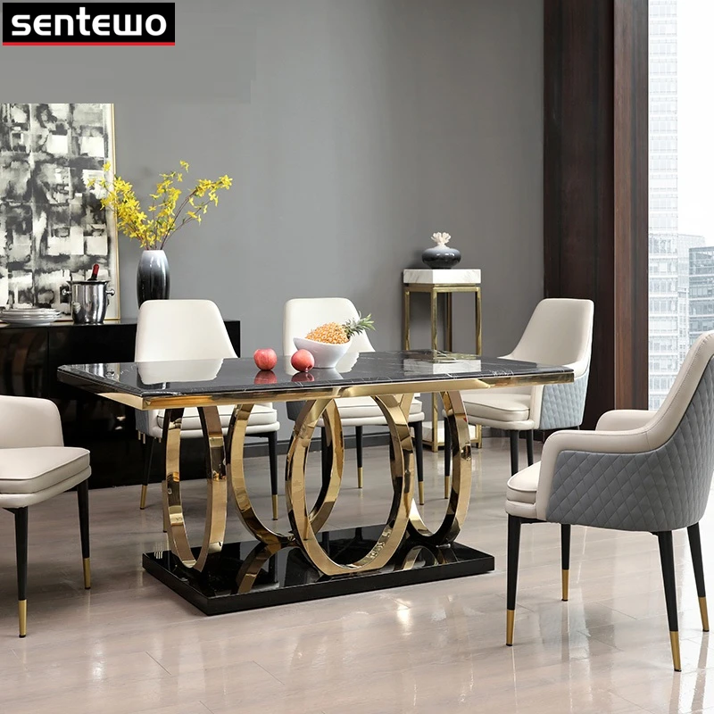 

Luxury Dinner Room Marble Rock Slab Dining Table Set 6 Chairs Mesa De Jantar Comedor A Manger Eettafel Stainless Steel Gold Base