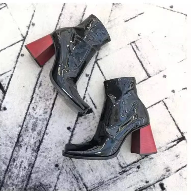 French Style Rose Crystal Chunky Heel Women Leather Boots Fashion Square Toe Hight Heel Ankle Zip Chelsea Boots Ladies Shoes