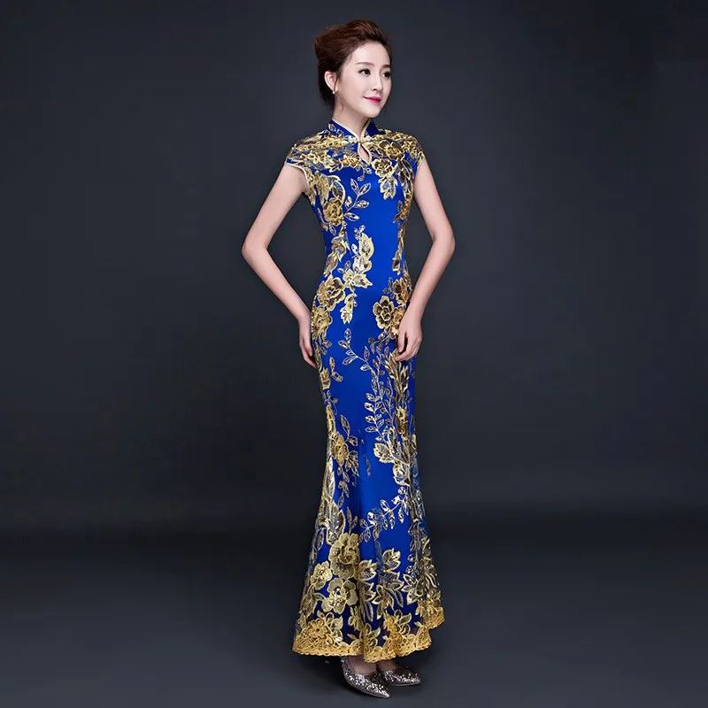 

New style cheongsam with a long fishtail design Chinese-style dress for the host of fashion show and performance