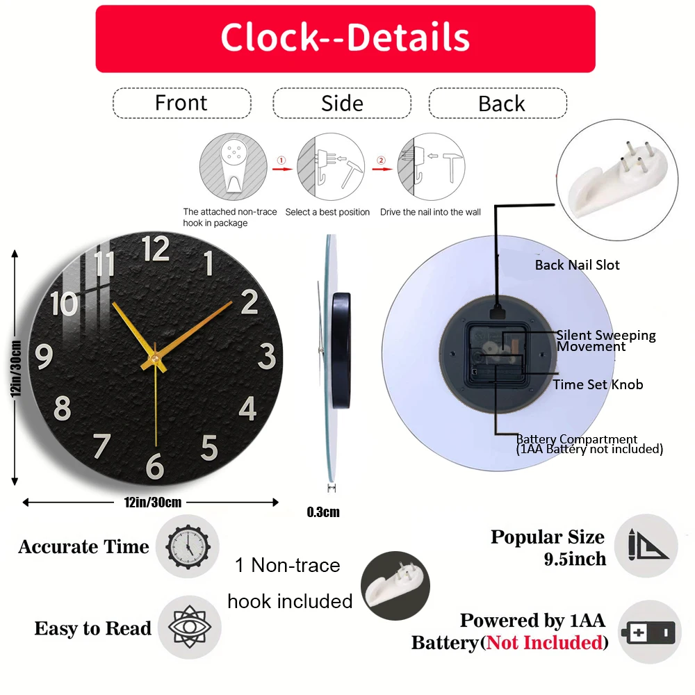 Tempered Glass Wall Clock Black Clock With White Numbers Suitable For Wall Decor or Tabletop Display Anywhere