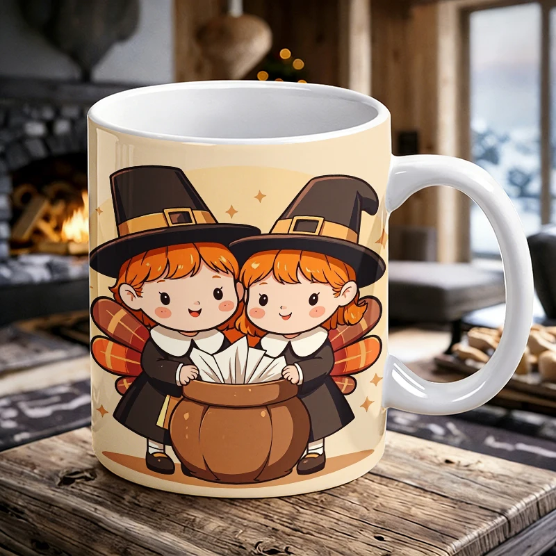 

11 oz Cute Pilgrim Kid Handle Ceramic Mug, Full Print Coffee Cup, Insulated Milk Cup, Office Water Cup, Fade-Resistant