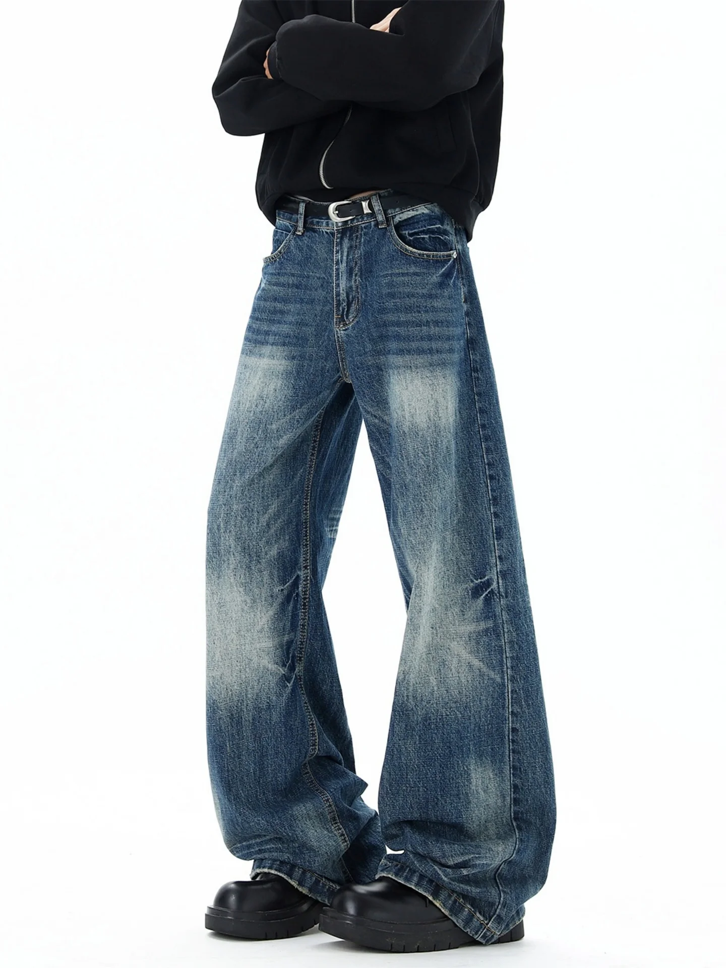 

Retro American Waed Jeans Men Winter New Sle Trendy Loose Wide Leg Straight Long Pants Casual Cotton Polyester Blend