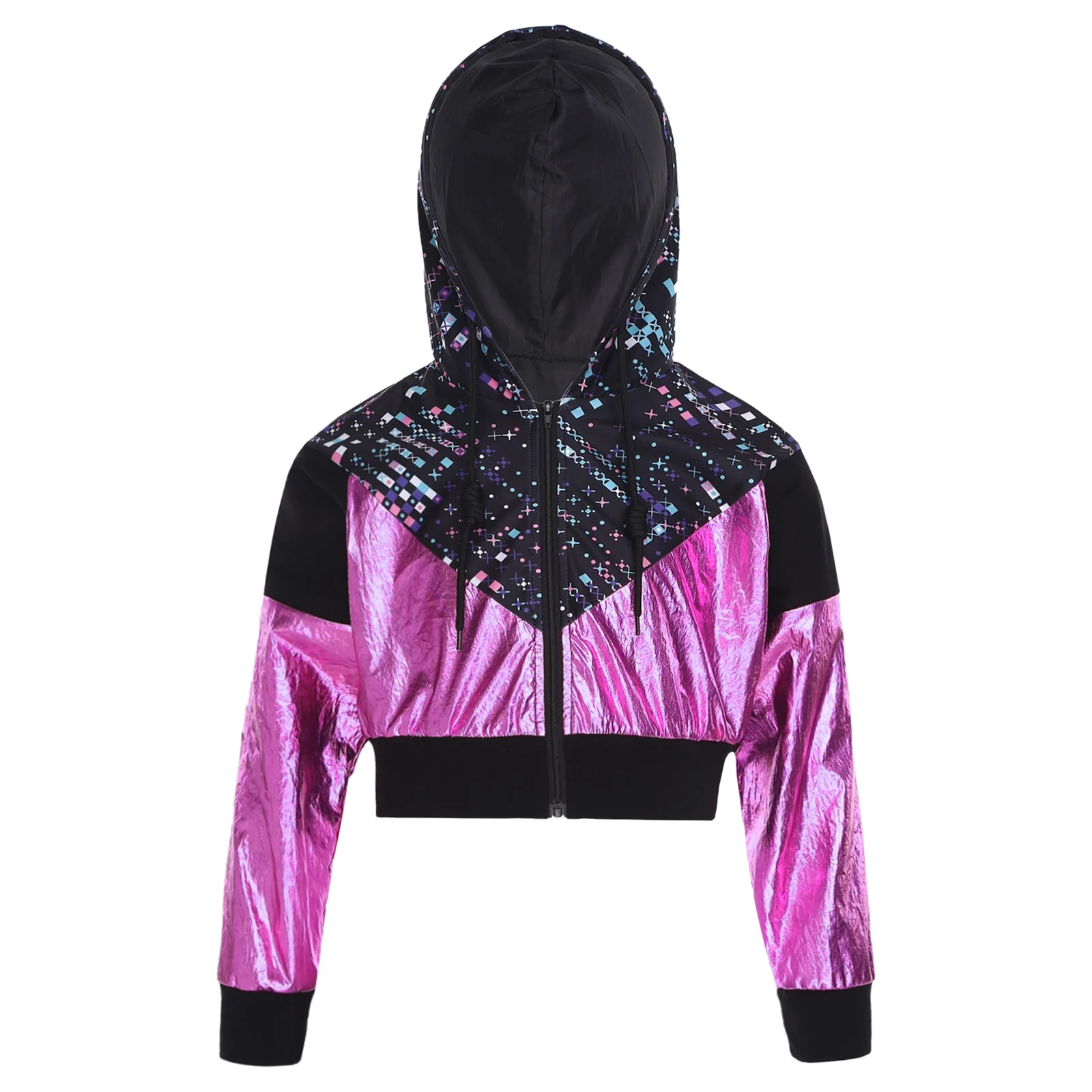 الفتيات مقنعين سحاب أكمام طويلة الهيب هوب ديسكو سترة الأزياء طباعة سترة قصيرة عارضة معطف الرقص ملابس خارجية لقاعة الرقص المرحلة