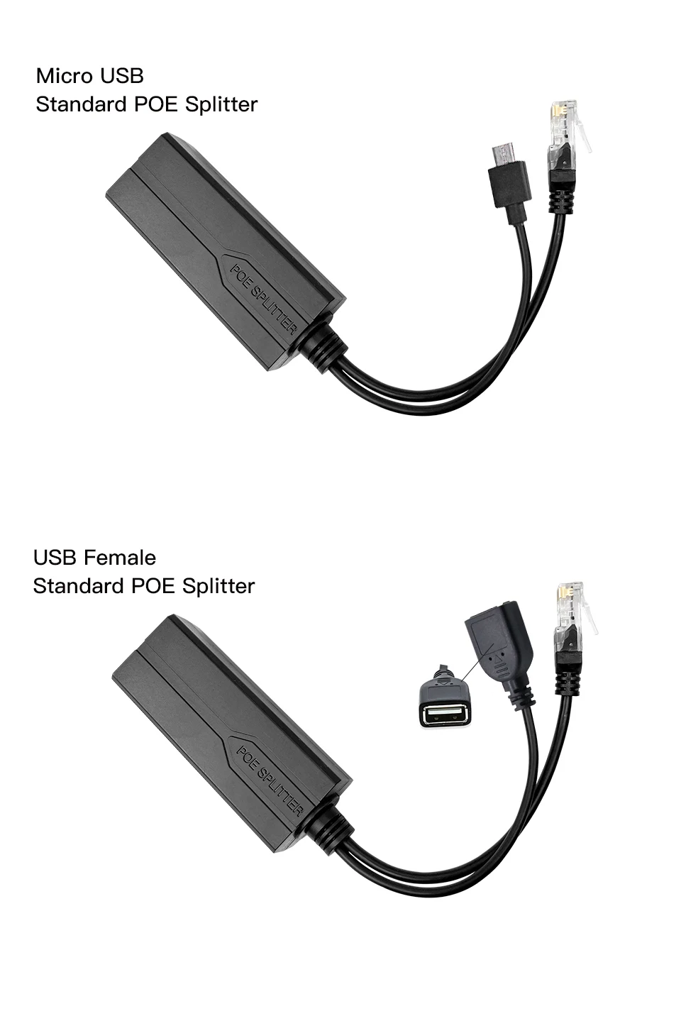 Standard POE Splitter 48V to 5V 12V 1.2A 2A Micro USB Type-C 100M/1000M POE Camera Injector Power Supply