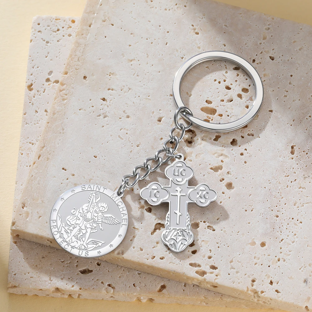 Dawapara Orthodoxes Kreuz und Heiliger Michael Anhänger Schlüsselanhänger Religiöses Gebet Erzengel Christlicher Talisman Edelstahl Schlüsselring – Detail 12