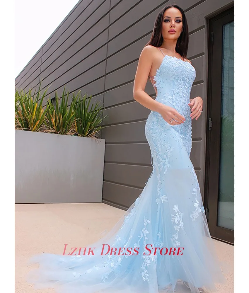 Personalizado sexy organza sereia cintas de espaguete apliques vestido de noite de cristal delicado sem mangas vestidos de ocasião sob medida