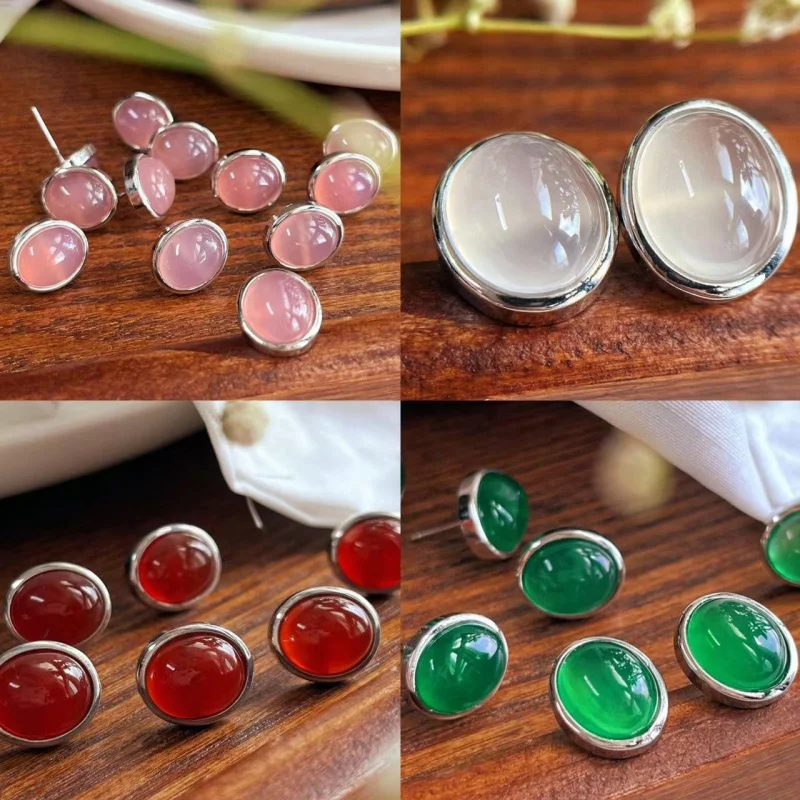 Natural green , white chalcedony, red and pink earrings accessories, vintage fashion, versatile