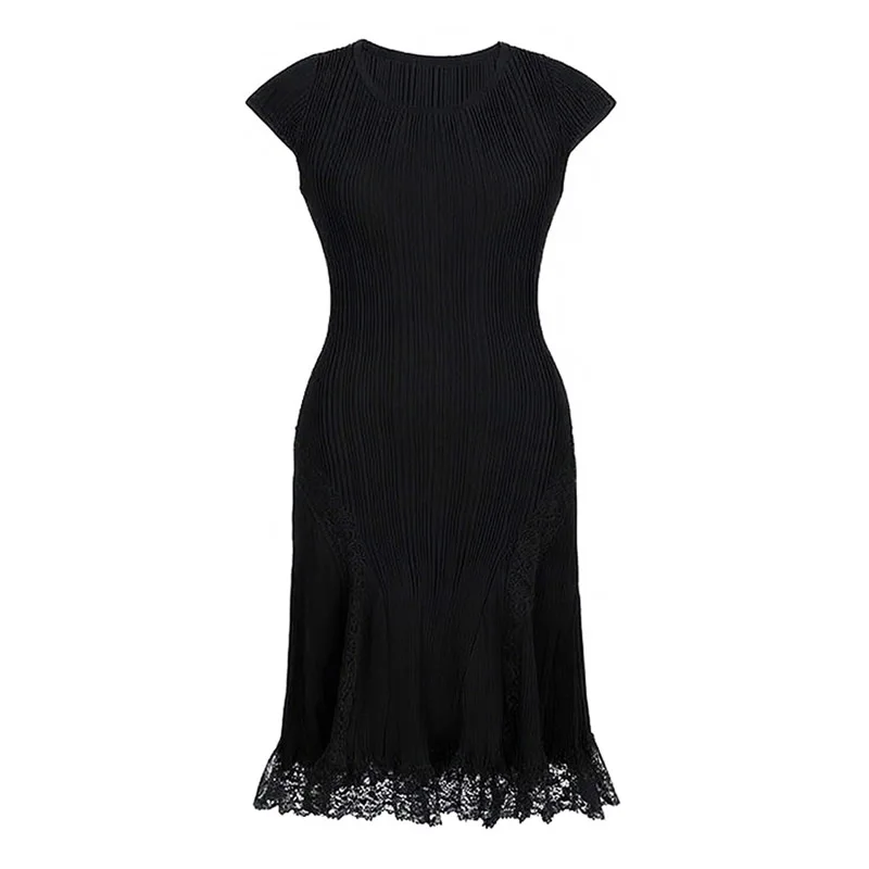 

Women Summer Knitted Cotton O-Neck A-Link Dress patchwork Lace Dress