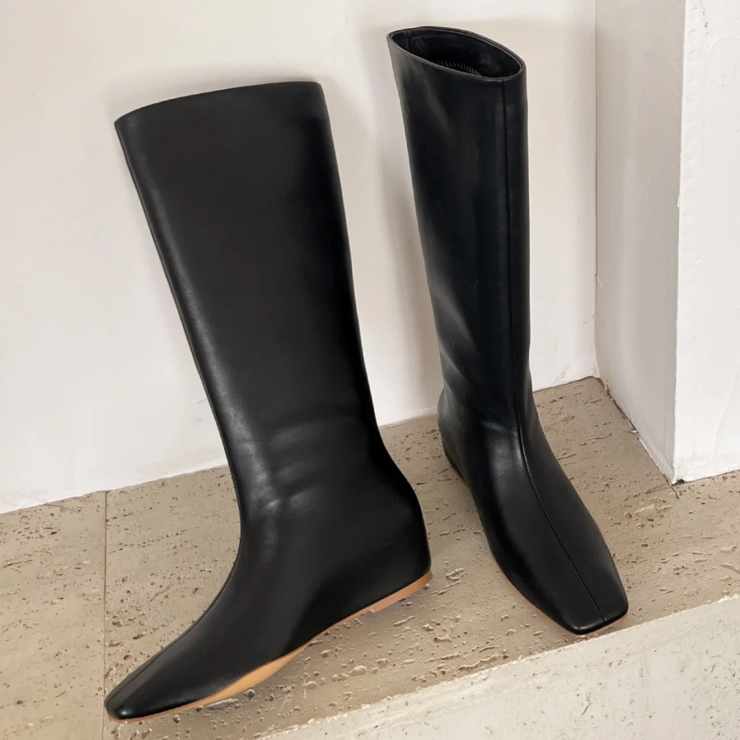 2024 Autumn new women's genuine leather Internal elevation wedge square toe slip-on knee high boots casual female long boots hot