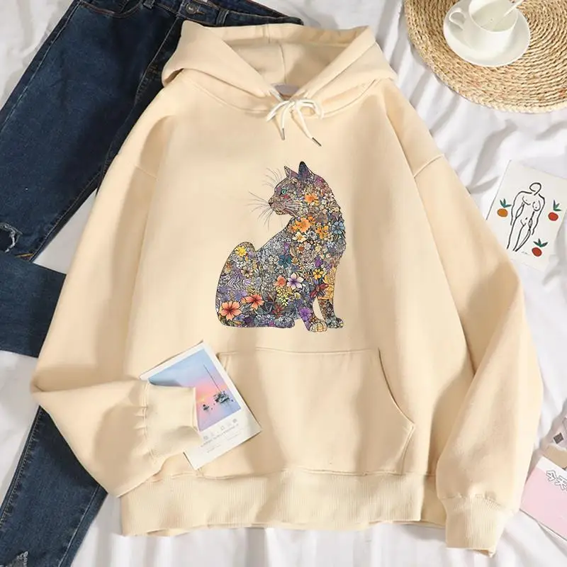 

Street Womens Hoodies A Cat Made Of Flowers Printing Sweatshirts Soft Breathable Loose Pocket Pullovers Autumn Winter Streetwear
