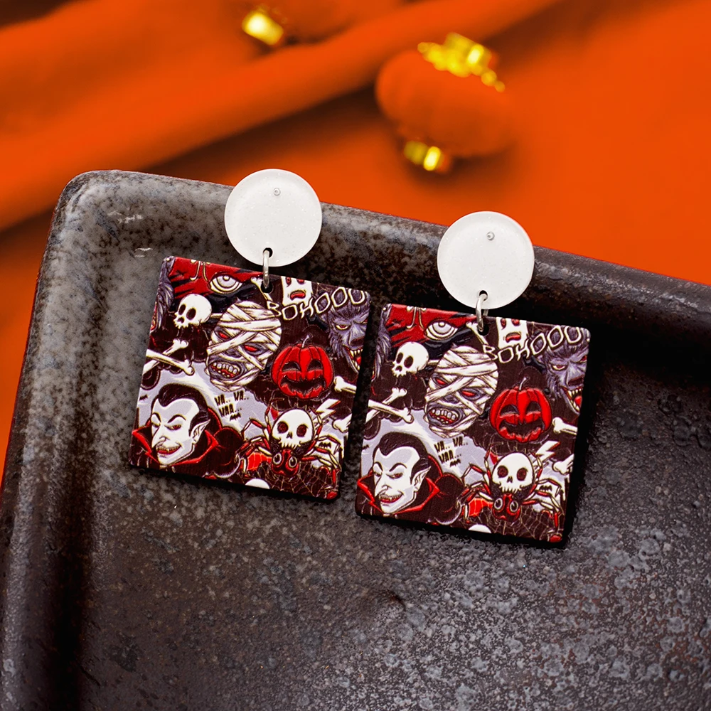 Fashion Vampire Jack-O-Lantern Mummy Stereo Printing Halloween Acrylic Earrings For Women Vintage Style Hip Hop Girls Jewelry