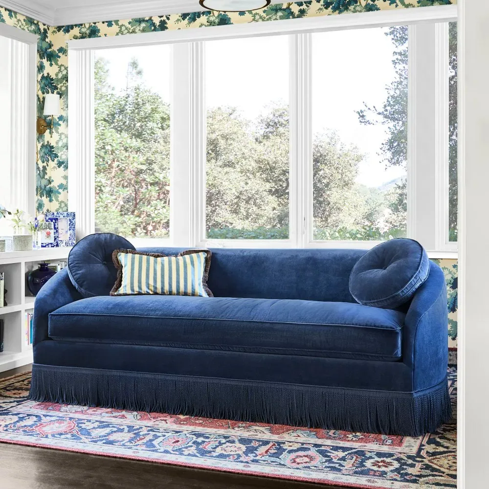 Retro blue velvet sofa with fringed decoration simple three-seater sofa