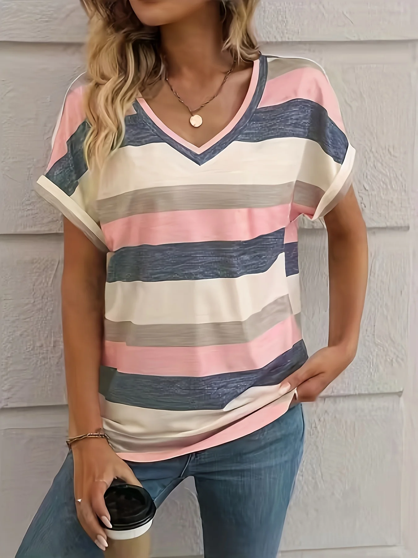 Summer new striped shirt V collar simple all-match