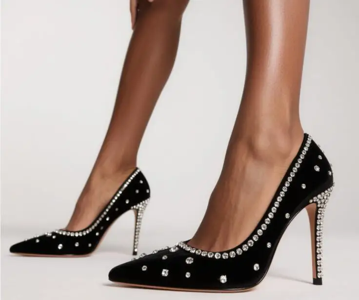 

New Women Black Suede Bling Crystal Rhinestone Pointed Toe Shallow Slip On Stiletto Heel Pumps Female Banquet Dress Shoes Lady