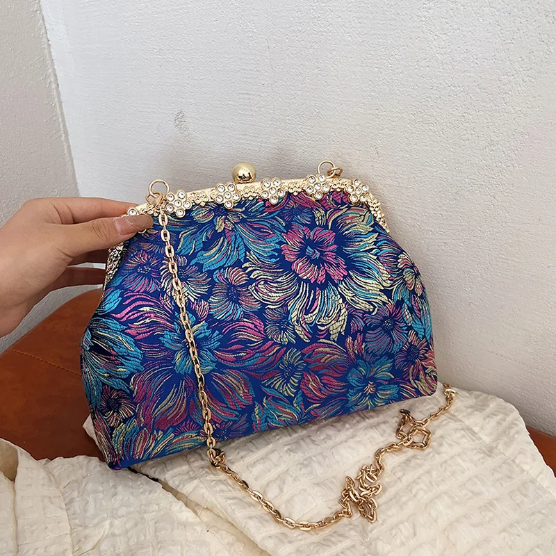 

New Chinese Style Embroidery Print Evening bag Small Clutches For Women Wedding Party Chain Shoulder Bag Prom Vintage Handbags