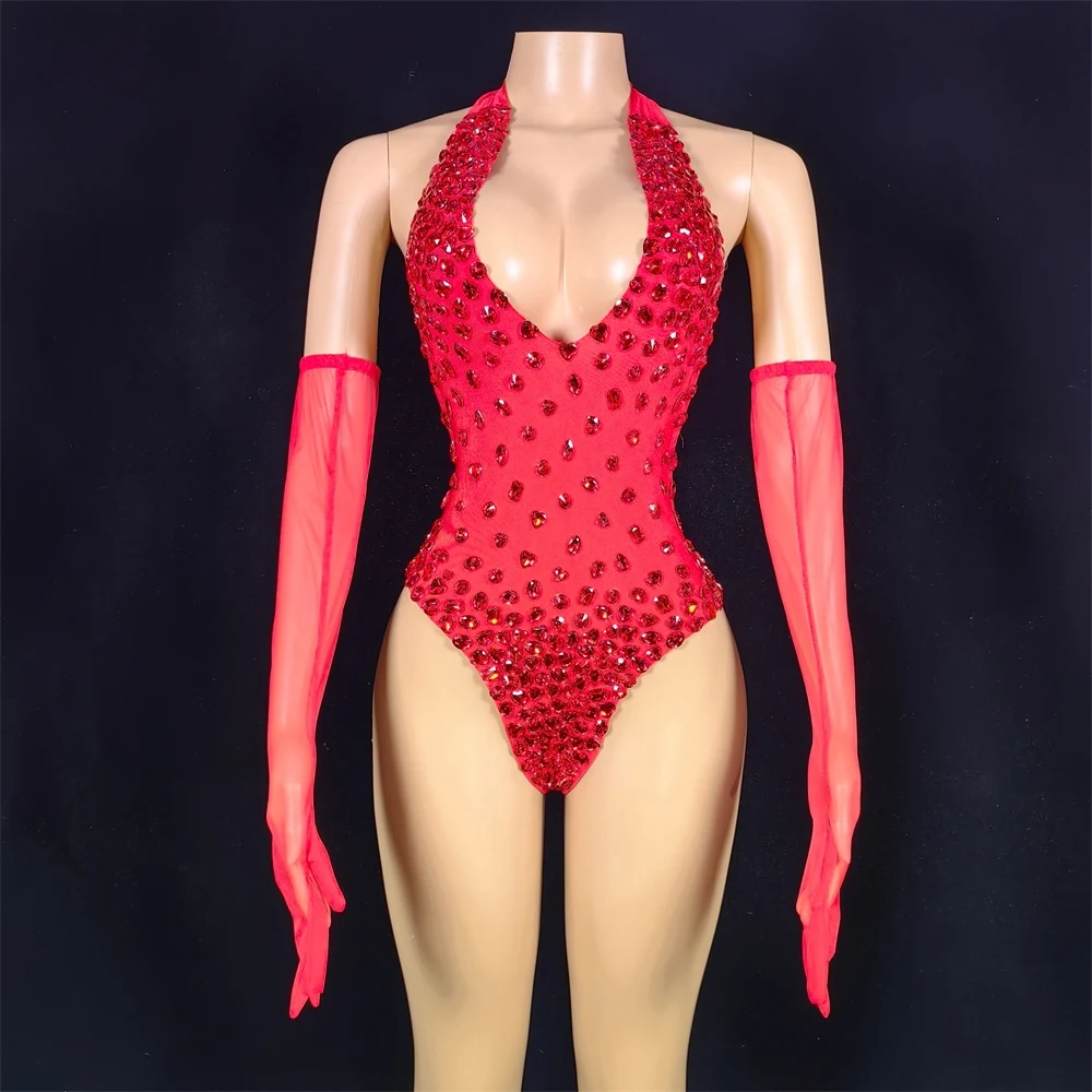 Red Rhinestones Stretch Bodysuit Women Sexy Party Pole Dance Outfit Gogo Dancer Costume Bar Ds Dj Stage Performance Wear XS7966