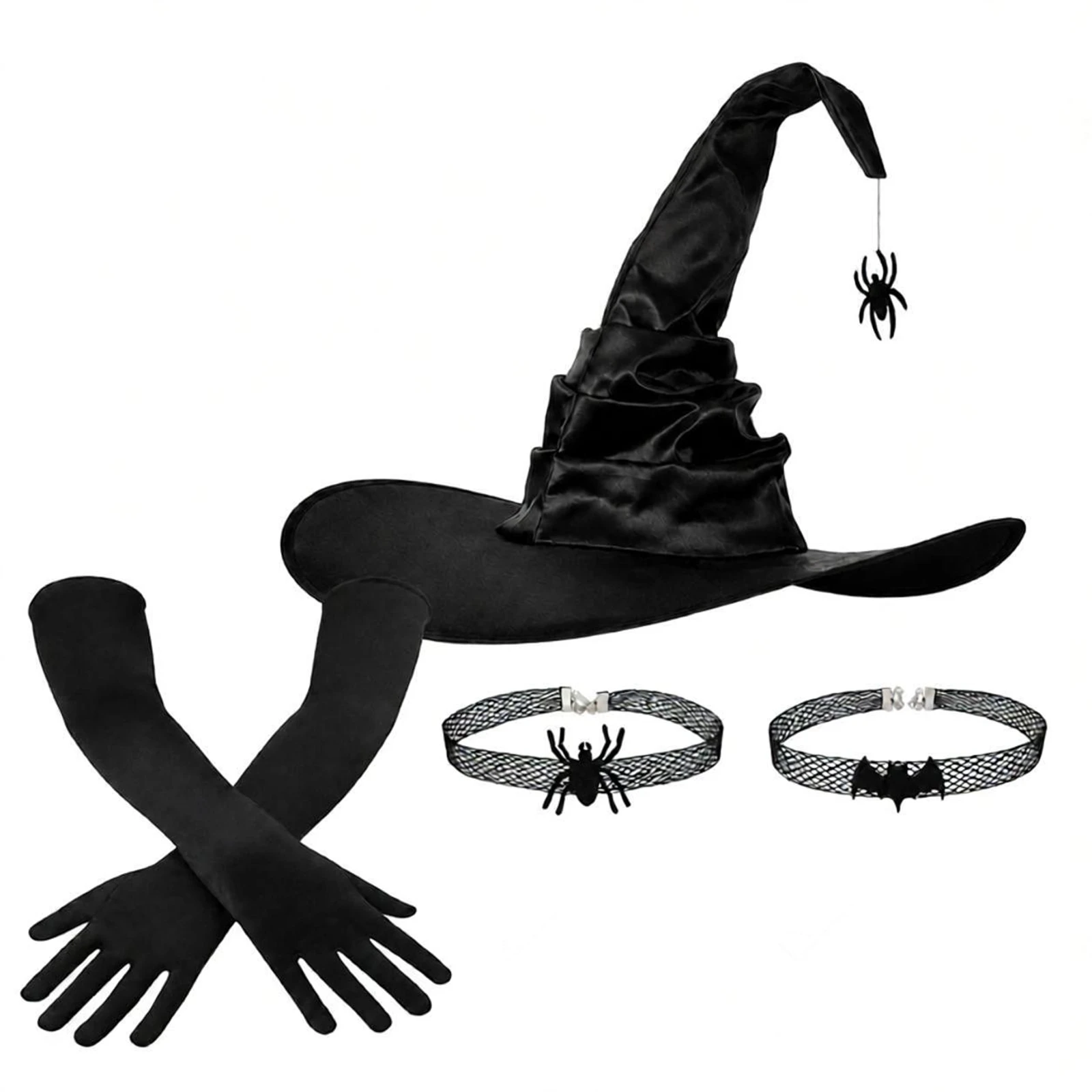 AwwwCos Witch Costume Accessories Set Black Ruched Witch Hat Pendant Spider/Bat Choker Necklace Gloves for Halloween Cosplay