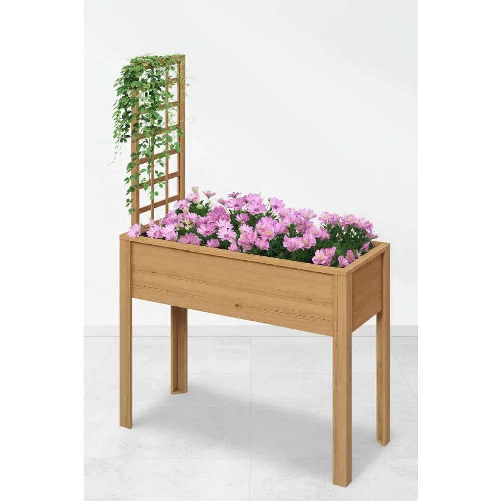 

Elevated Wood Planter Box with Trellis for Climbing Plants, Self-Draining Garden Bed for Vegetables and Flowers