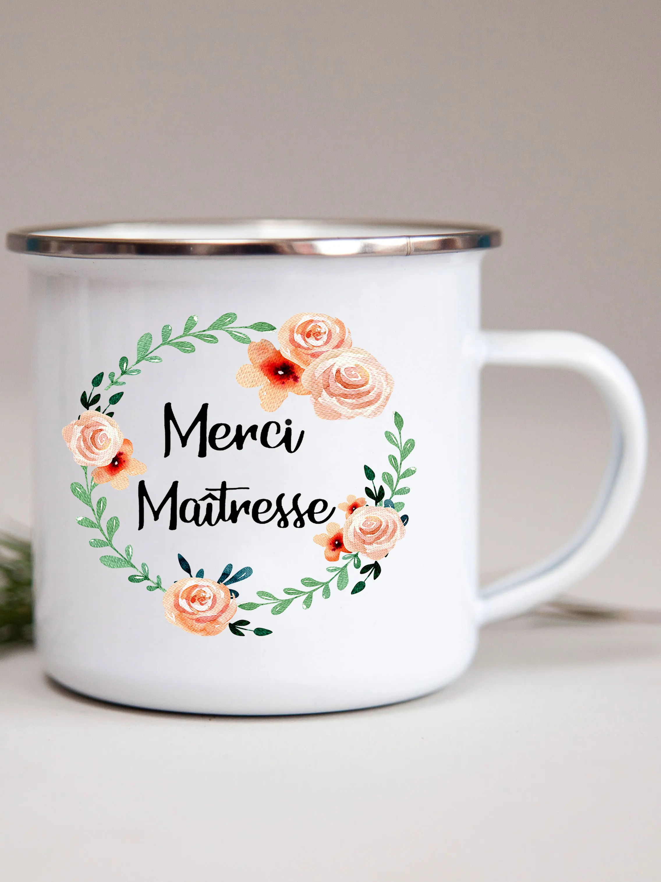 French Flower Printed Enamel Mugs Creative Coffee Mug Milk Wine Beer Drink Juice Cup School Home Handle Drinkware Teacher Gifts