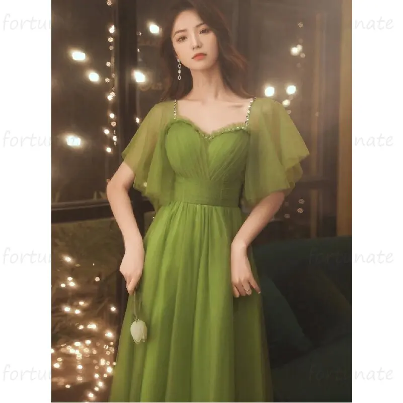 Sweetheart Graduation Holidays Dresses Green Tulle A-Line Homecoming Half Sleeve Spaghetti Straps Ankle Length Party Prom Gown