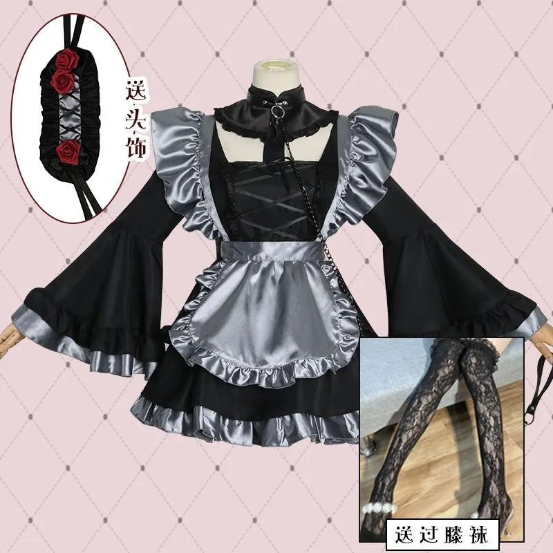 Shizuku Kuroe My Dress Up Darling Cosplay Maid Dress Black Silver Ruffle Bodice Puff Sleeves And Apron For Convention Events