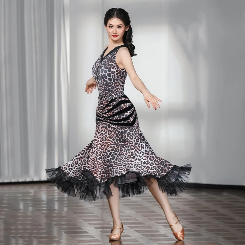

New Women'S Leopard Latin Dance Dresses Female Tango Modern Dancing Clothes Adults Waltz Ballroom Dance Costumes DQS20004
