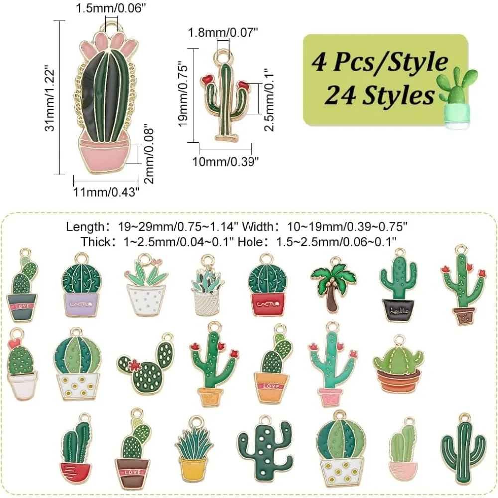 96pcs 24 Styles Cactus Charms Tropical Theme Charms Desert Plant Charms Enamel Dangle Charm Tropical Summer Plant