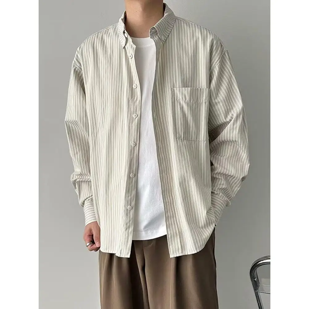 

Loose Fit Striped Deconstructed irt Hard And Stiff 3D Patterened Casual Sle Long Sve Collar Men's Spring Autumn S...