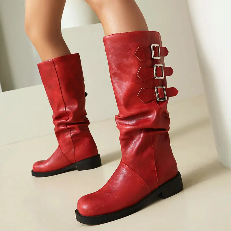 

Big Size 44 45 46 Round Toe Soft PU Leather Red Brown Pleated Mid-calf Western Cowboy Boots Winter Warm Chunky Low Heels Shoes