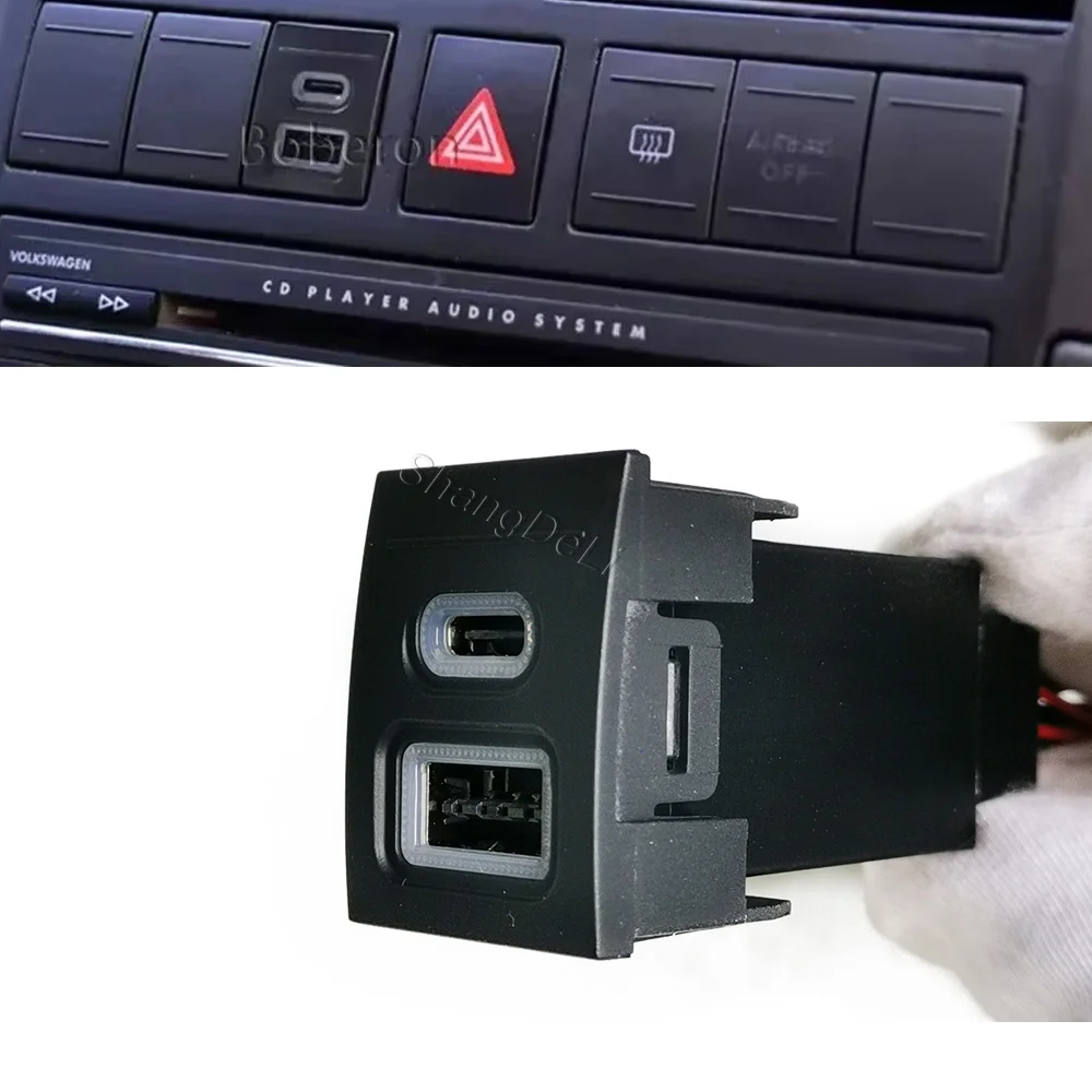 Car Retrofit Dual Port Type-C PD QC3.0 USB Charger Socket Red Night LED Light Dashboard Charging Outlet Fit for POLO 2002-2009
